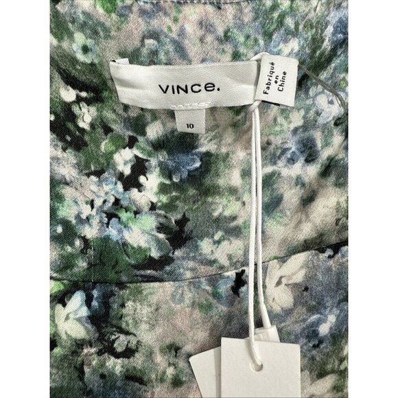 Vince Size 10 Floral Satin Blouse Green Square Neck Puff Sleeve Cottagecore New - Picture 6 of 10